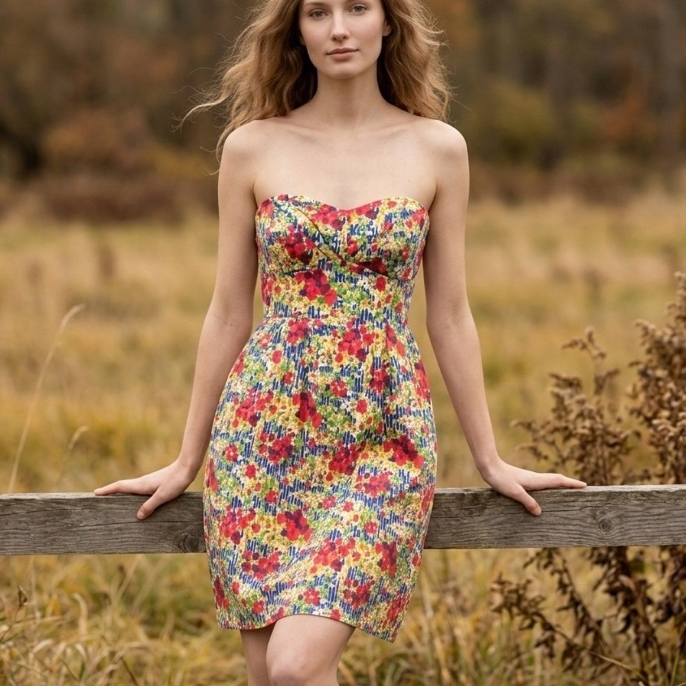Girls from Savoy Dress Strapless Floral Striped Pockets Retro Summer 12